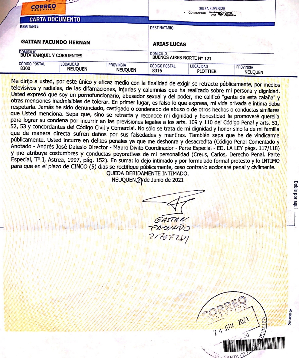 Facundo Gaitán se ofendió y envió carta documento | El Digital Senillosa